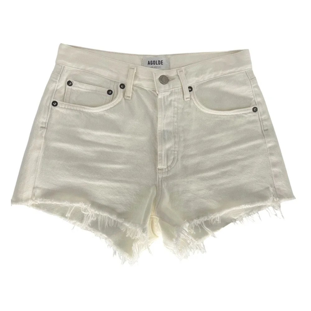 AGOLDE Parker‎ High Rise Cut Off Denim Shorts Cream Off White Raw Hem Size 27
